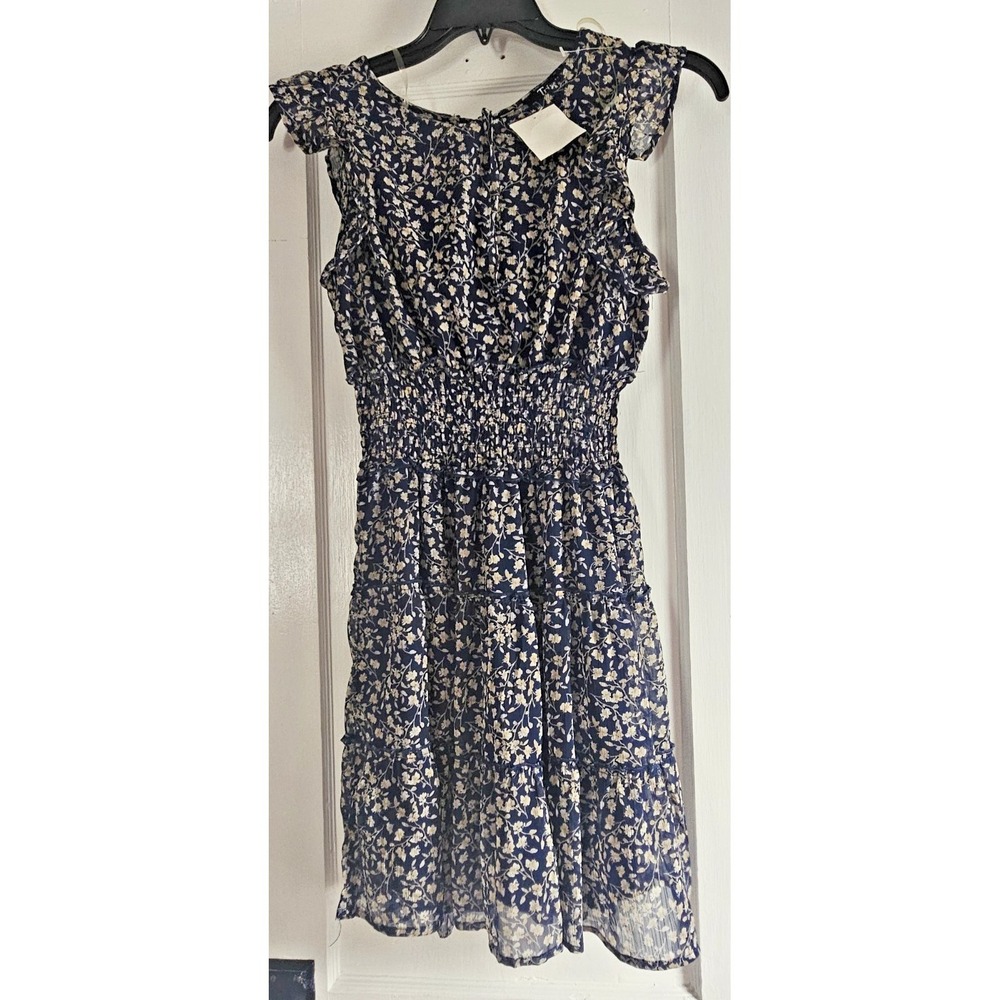 NWT TRIXXI navy blue tiered dress floral smocked waist flutter sleeves womans M